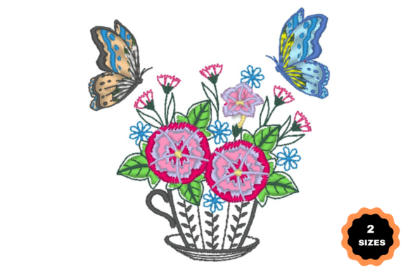 Butterflies with Cup of Flowers: A Playful Embroidery Design for Boutique Projects